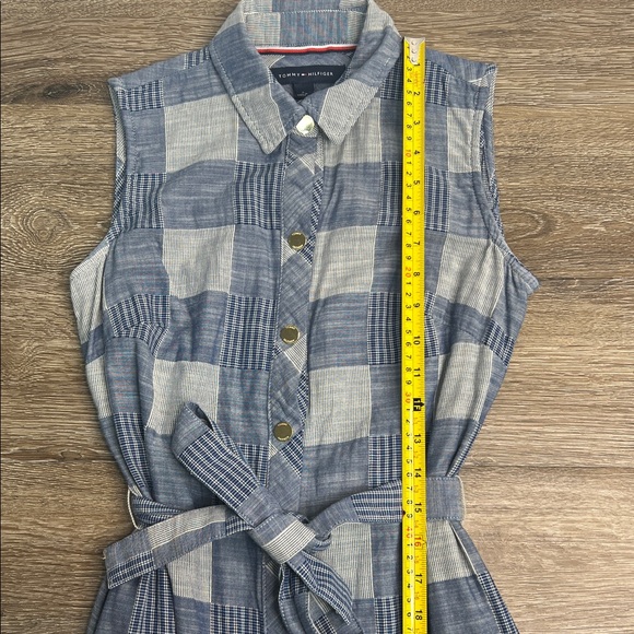 Tommy Hilfiger Sleeveless Shirt Dress Blue Patchwork Plaid Tie Waist Size 2 - Picture 10 of 11